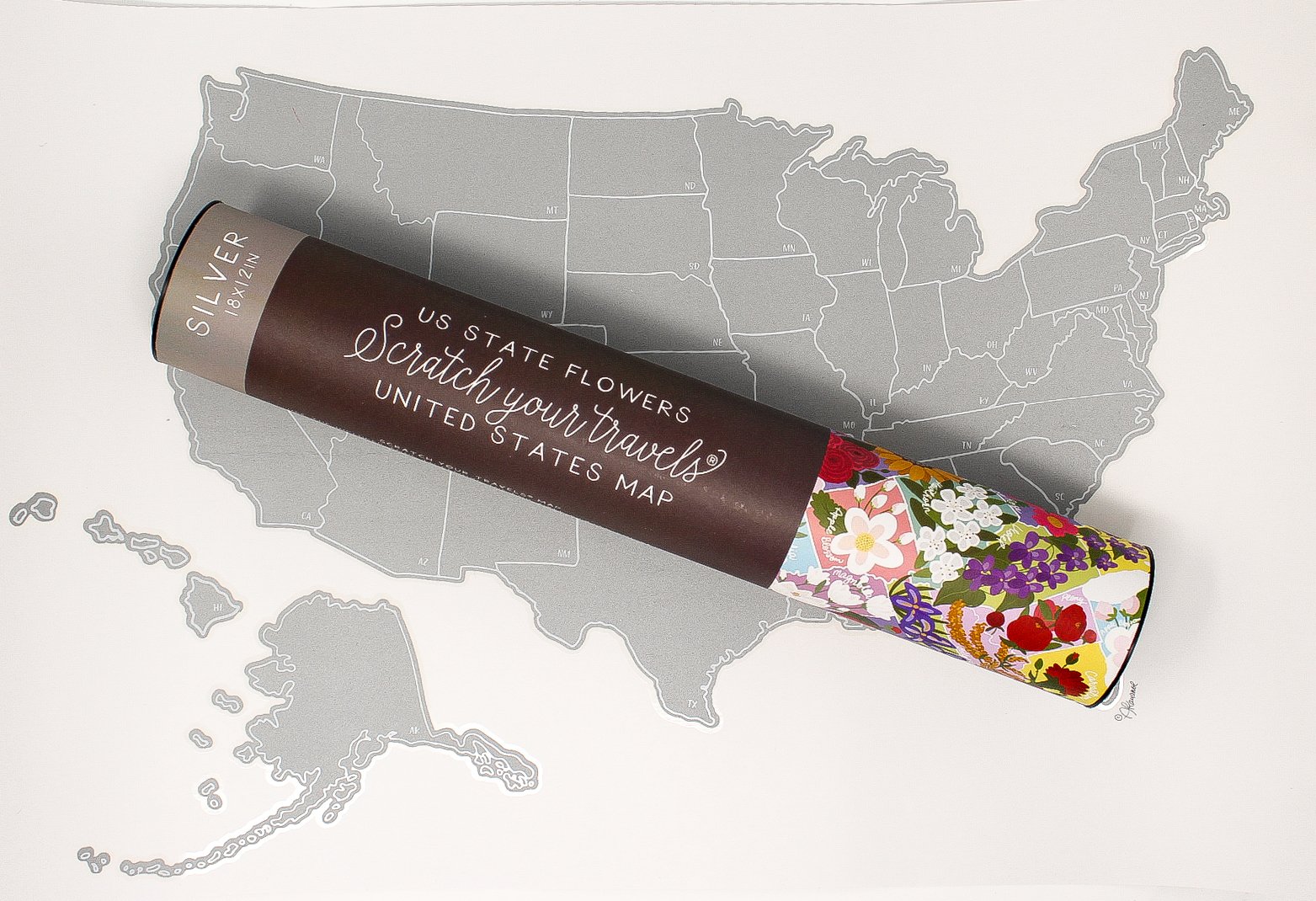 Scratch Your Travels® Official US State Flowers Map in Silver, featuring hand-drawn flowers and a silver scratch-off surface.